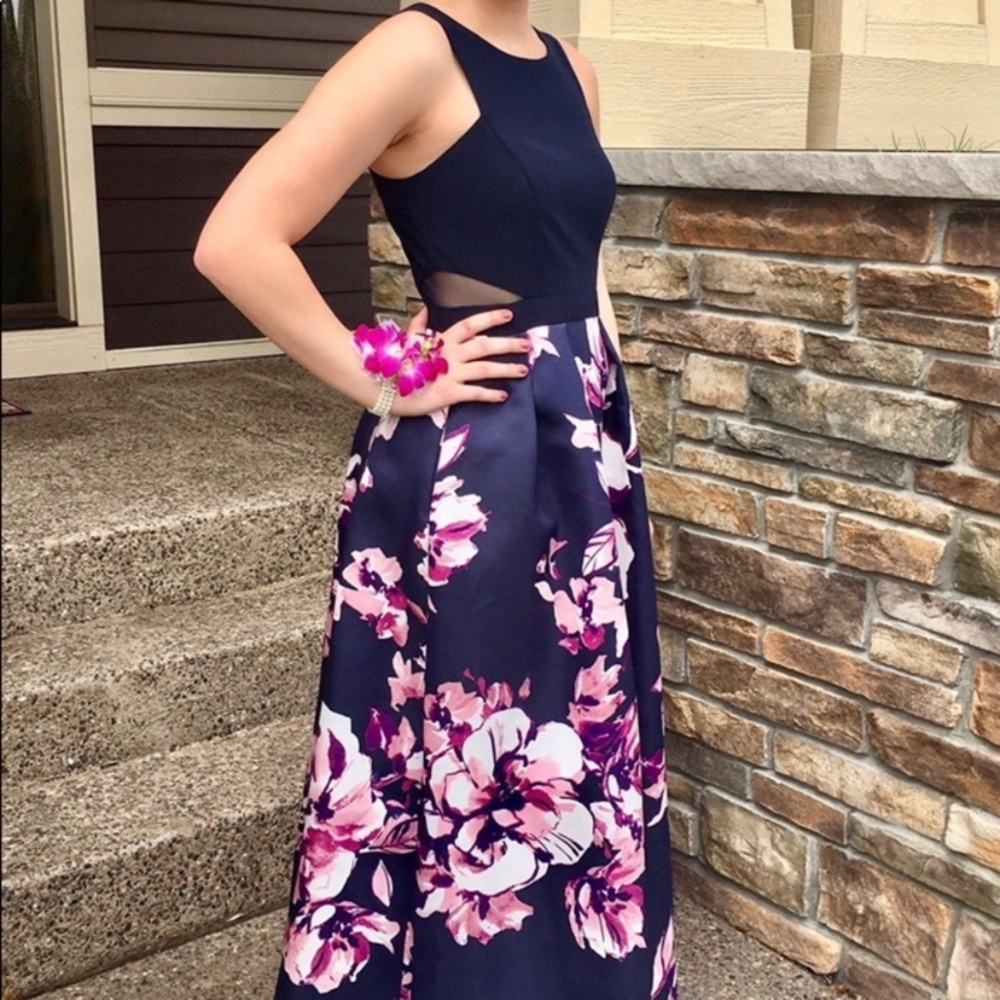 Xscape Floral Jewel Neck Fit and Flare Gown